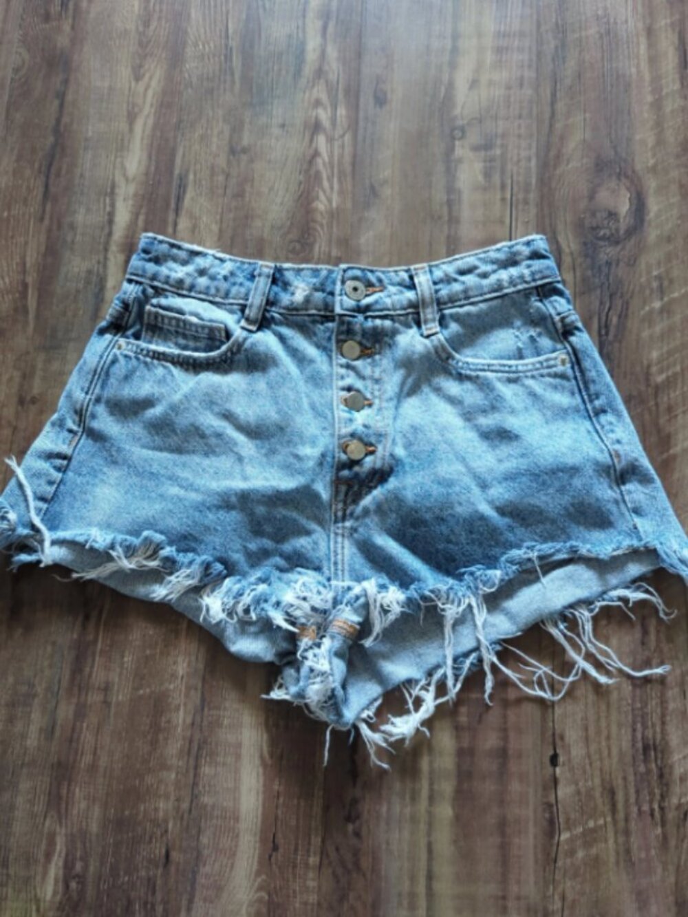 Bershka Distressed High-Waist Button-Fly Cutoff Denim Shorts Size 04